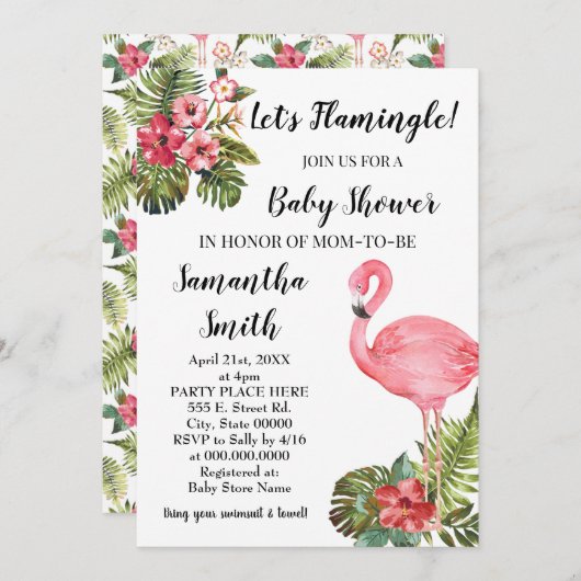 Invitation Flamingle ! baby shower flamand tropical (Devant / Derrière)