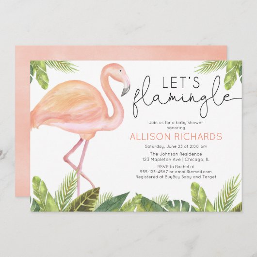 Invitation Flamingle Flamant rose fille baby shower (Devant / Derrière)