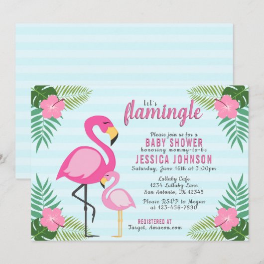 Invitation Flamingle Flamant rose rose Baby shower (Devant / Derrière)