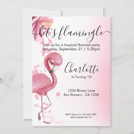 Invitation Flamingle Flamant rose Tropical Rose Anniversaire (Devant)