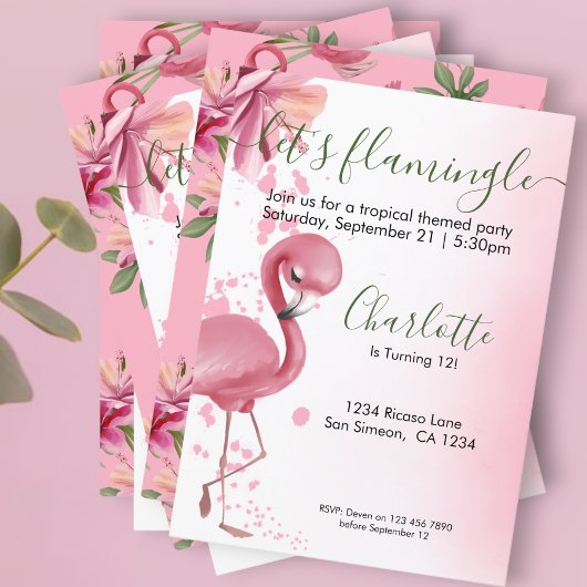 Invitation Flamingle Flamant rose Tropical Rose Anniversaire
