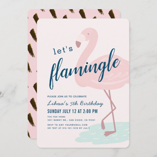 Invitation Flamingle Framingo Fille rose Anniversaire (Devant / Derrière)