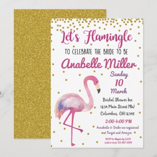 Invitation Flamingle Gold Bridal Shower (Devant / Derrière)