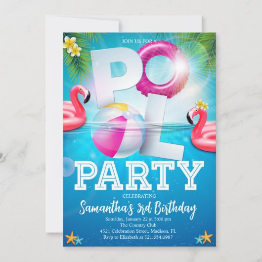Invitation Flamingle Tropical Pool Party Anniversaire (Devant)