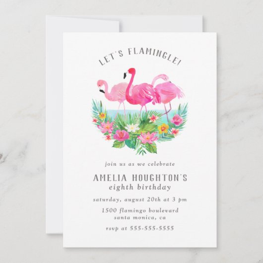 Invitation Flamingle Watercolor Flamant rose fête d'anniversa (Devant)