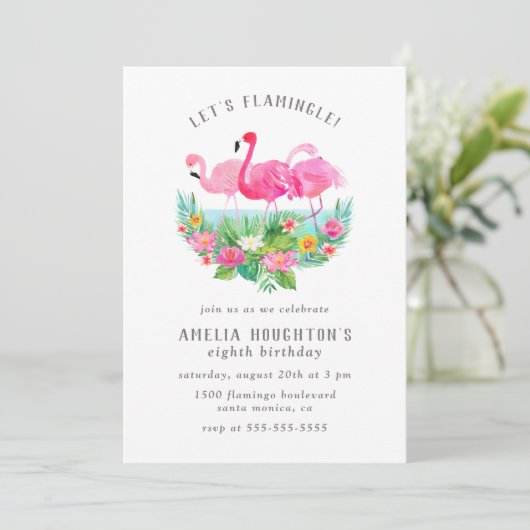 Invitation Flamingle Watercolor Flamant rose fête d'anniversa (Debout devant)