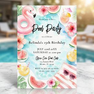 Invitation Flamingo Aquarelle Anniversaire d'été Piscine Adol