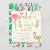 Invitation flamingo art fausse feuille or luau (Devant / Derrière)
