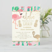 Invitation flamingo art fausse feuille or luau (Debout devant)