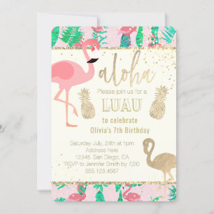 Invitation flamingo art fausse feuille or luau
