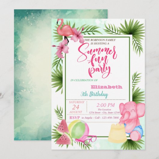Invitation Flamingo,Feuille de Palmier Pastèque Anniversaire (Devant / Derrière)