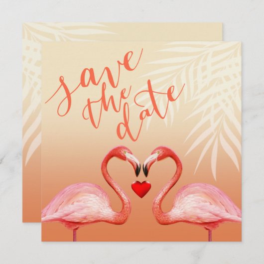 Invitation Flamingo Heart Kiss Save the Date | pêche (Devant / Derrière)