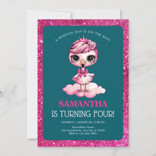 Invitation Flamingo mignon avec couronne d'anniversaire (Devant)