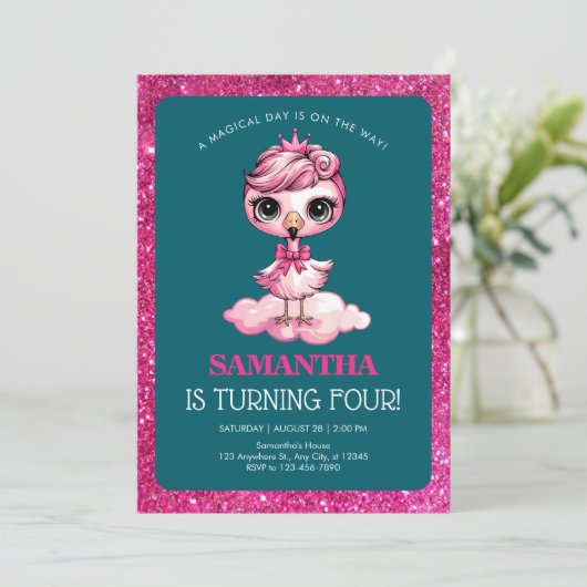 Invitation Flamingo mignon avec couronne d'anniversaire (Debout devant)