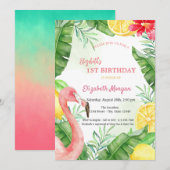 Invitation Flamingo Premier Anniversaire à l'aquarelle en été (Devant / Derrière)