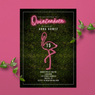 Invitation Flamingo Quinceañera Boîte de Lumières Néon Rose e