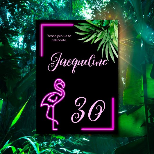 Invitation Flamingo rose néon tropical rétro 30e anniversaire