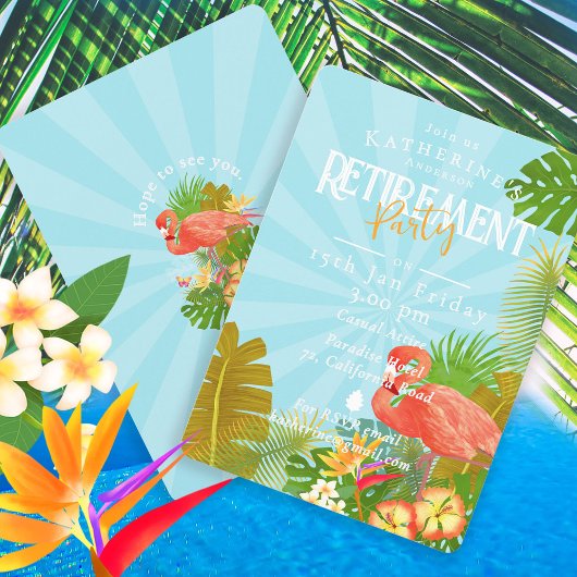 Invitation Flamingo Tropical Blue Retirement