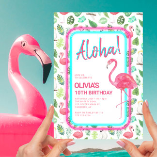 Invitation Flamingo Tropical Rose Aloha Anniversaire