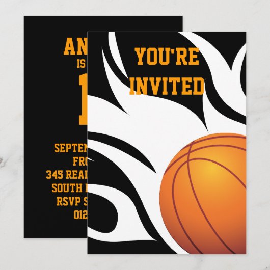 Invitation Flamme Basketball Anniversaire B/W (Devant / Derrière)