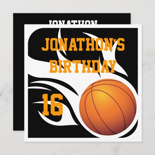 Invitation Flamme Basketball Birthday BW Party (Devant / Derrière)
