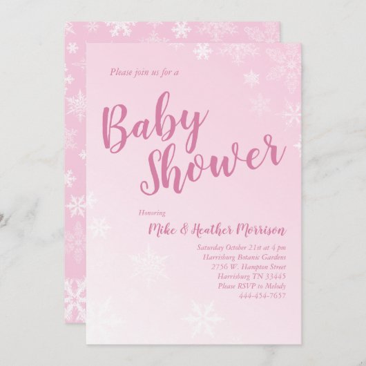 Invitation Flamme de neige d'hiver Baby shower fille rose (Devant / Derrière)