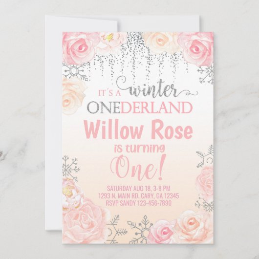 Invitation Flamme de neige fille d'hiver 1er premier annivers (Devant)