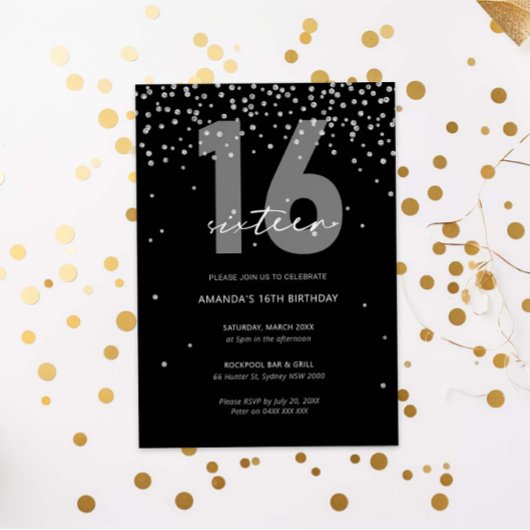 Invitation Flamme de parties scintillant noire et argent 16e 