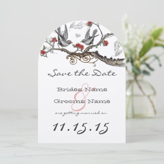 Invitation Flamme Rouge Gris Vintage Oiseaux Mariage Save the (Debout devant)