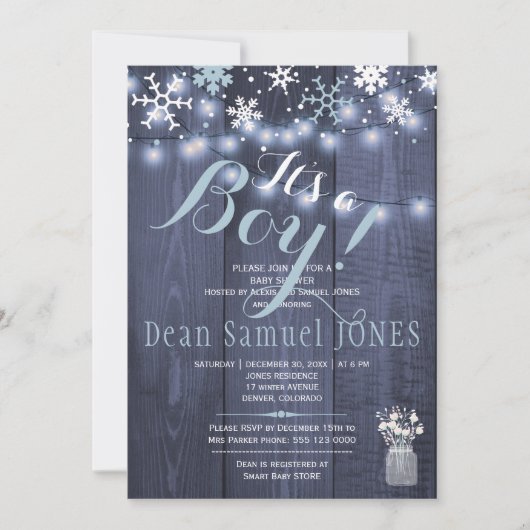 Invitation Flammes à cordes flocons de neige grange bois garç (Devant)