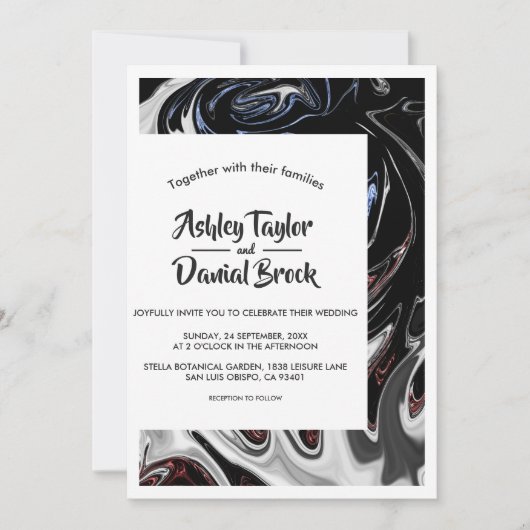 Invitation Flammes bleu noir minimal Mariage Abstrait (Devant)