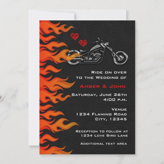 Invitation Flammes Cuir Noir Motocyclette Motard (Devant)