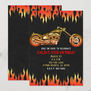 Invitation Flammes de feu rouges et orange moto vélo annivers