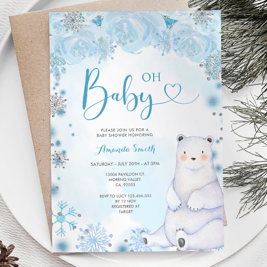 Invitation Flammes de neige d'hiver Ours Baby shower de fleur