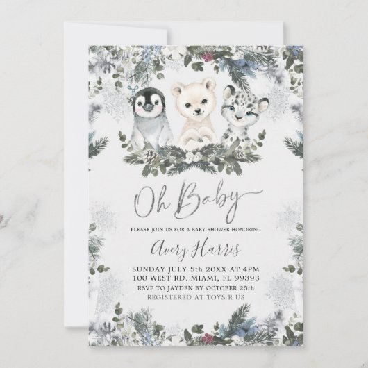 Invitation Flammes de neige en argent Baby shower d'hiver pou (Devant)