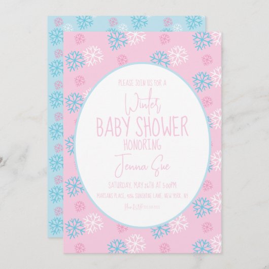 Invitation Flammes de neige en hiver Baby shower bleu rose (Devant / Derrière)