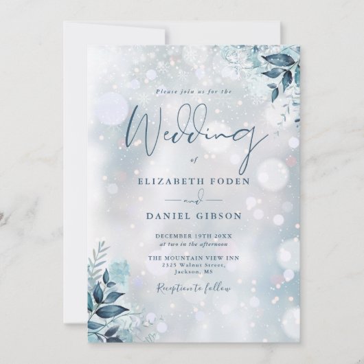 Invitation Flammes de neige florales d'hiver Code QR Mariage (Devant)