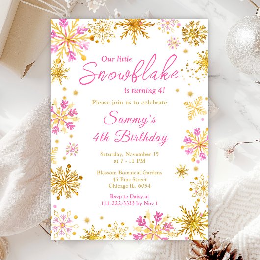 Invitation Flammes de neige rose et or fête d'anniversaire