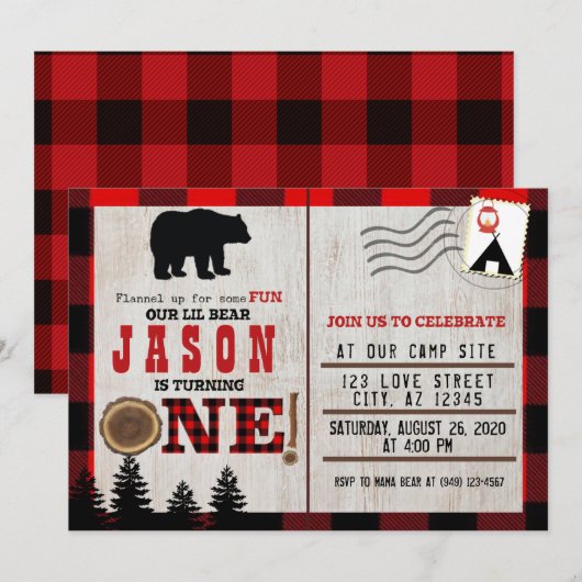 Invitation Flannel Little Bear Wild One 1er anniversaire (Devant / Derrière)