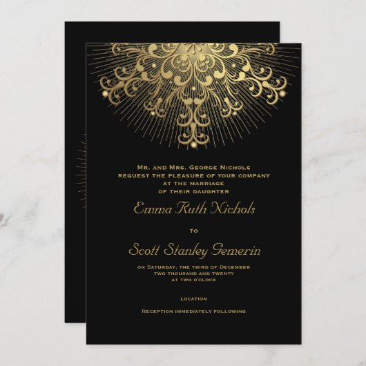 Invitation Flèche de neige en or sur le mariage hivernal noir (Devant / Derrière)