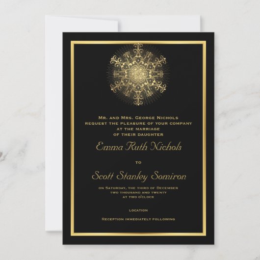 Invitation Flèche de neige en or sur le mariage hivernal noir (Devant)
