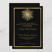 Invitation Flèche de neige en or sur le mariage hivernal noir (Devant / Derrière)