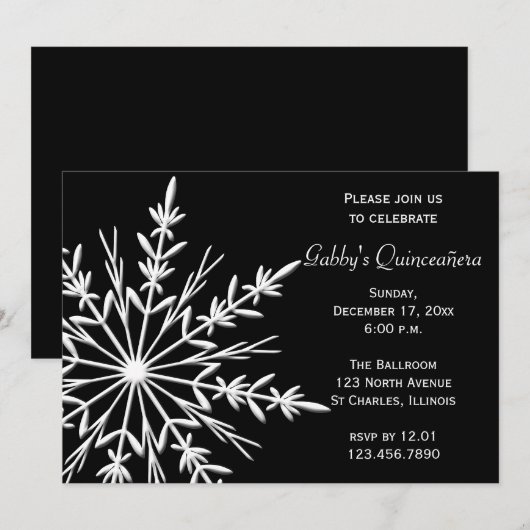 Invitation Flèche de neige noire et blanche Quinceañera (Devant / Derrière)