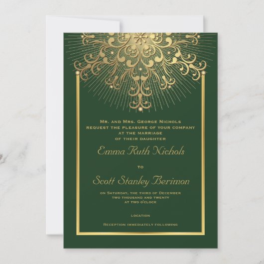 Invitation Flèche dorée sur le vert élégant mariage d'hiver (Devant)