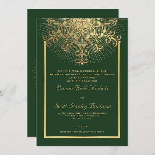 Invitation Flèche dorée sur le vert élégant mariage d'hiver (Devant / Derrière)