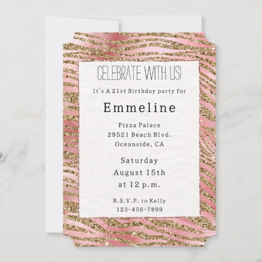 Invitation Flèche rose Parties scintillant Gold Zebra (Devant)