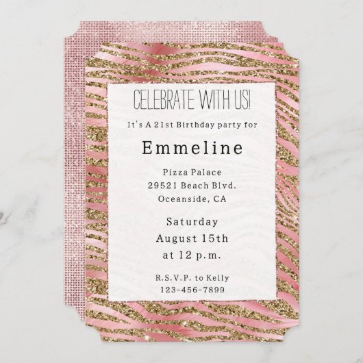Invitation Flèche rose Parties scintillant Gold Zebra (Devant / Derrière)