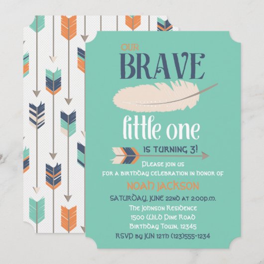 Invitation Flèche Tribale et Plumes fête d'anniversaire bleu  (Devant / Derrière)