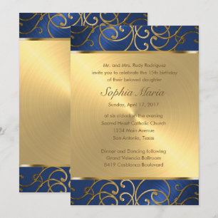 Invitation Flèches bleu et or Filigree de Quinceanera Navy