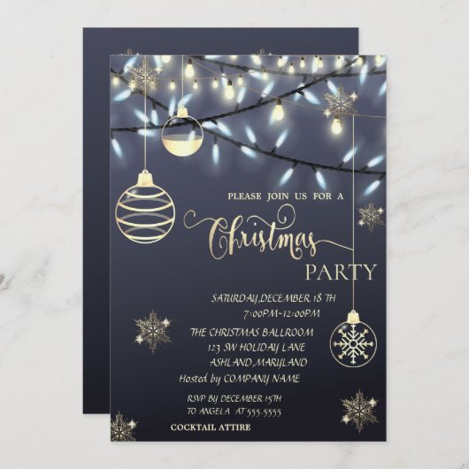Invitation Flèches de neige en or, Boules, Fête de Noël (Devant / Derrière)